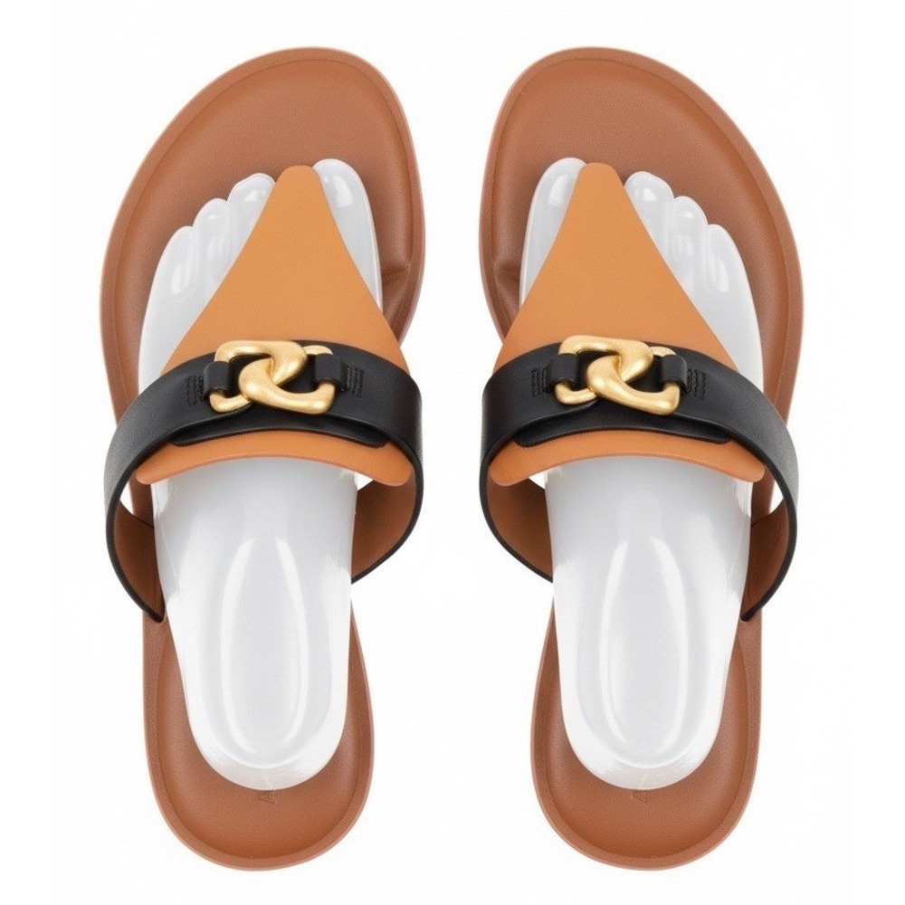Aerosoles Greta 773‎ Tan Black Leather Thong Sandals Gold Link Flat Slides 8M